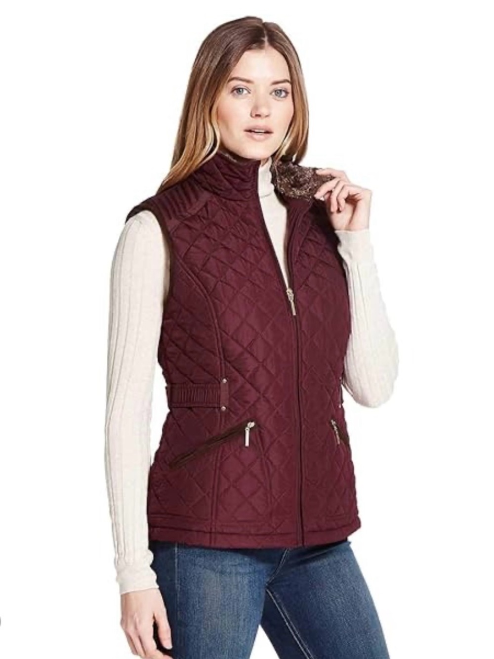 Weatherproof Women's Puffer Vest Full Zip Buttons Pockets Fuzzy Lined Purple XL